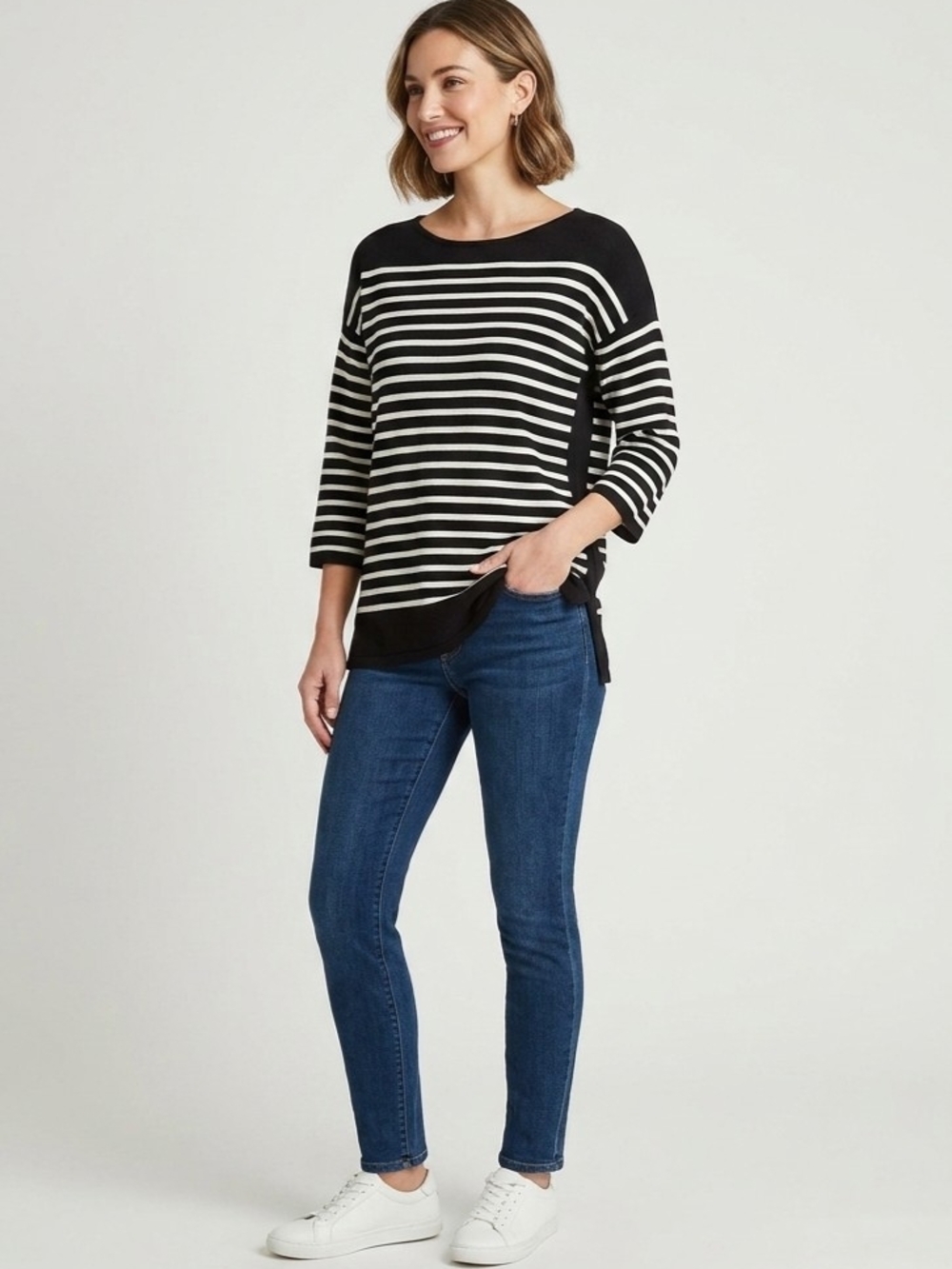 Chaps Black & White Striped Boatneck Knit Sweater Top Size 1x